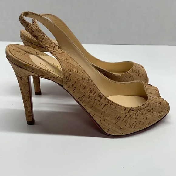 Christian Louboutin Peep Toe Sling Back Light Brown Cork Heels Size 35.5 | 5.5 - Picture 4 of 14